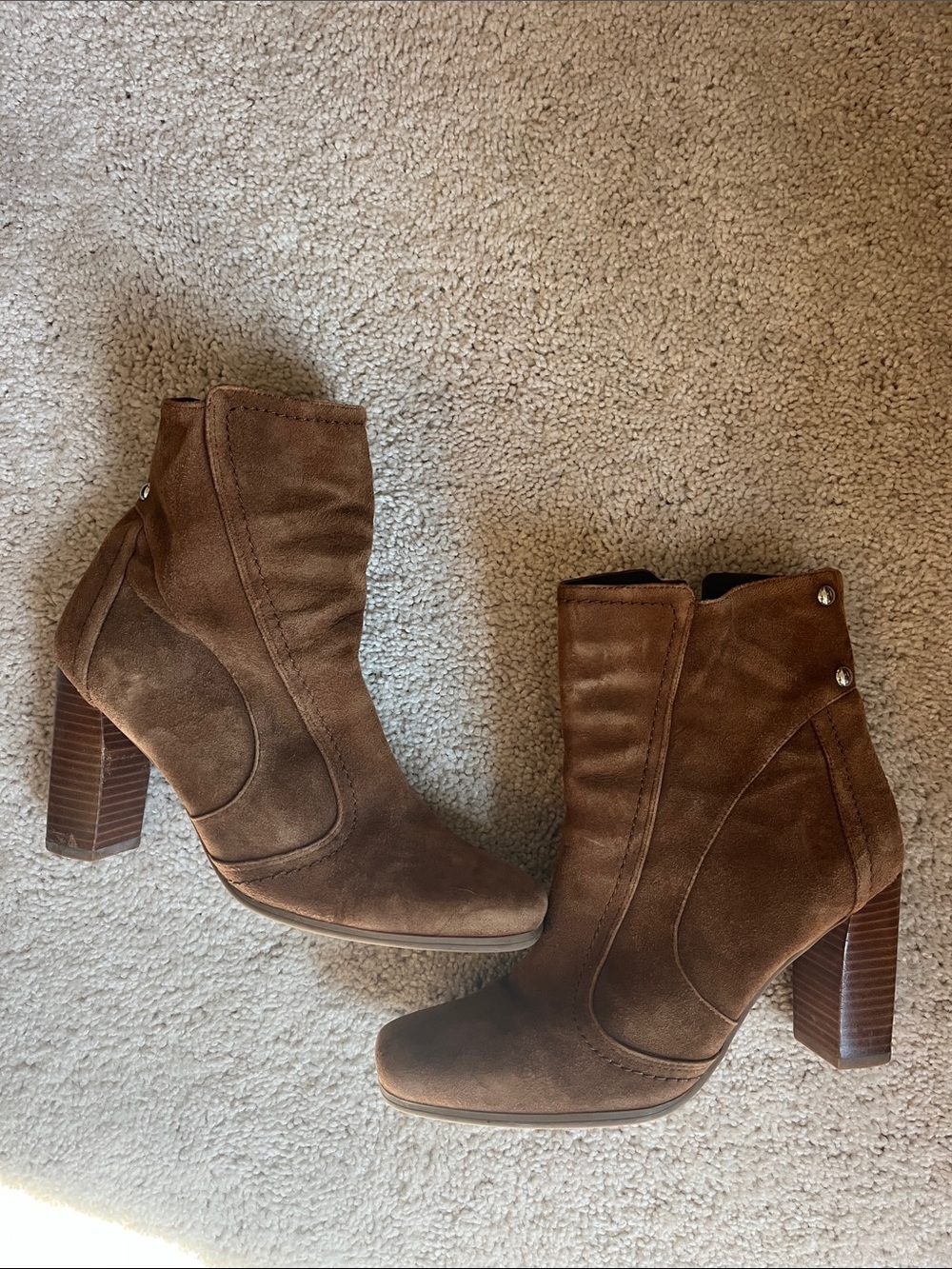 Franco Sarto Brown Suede Block Heel Ankle Boots
